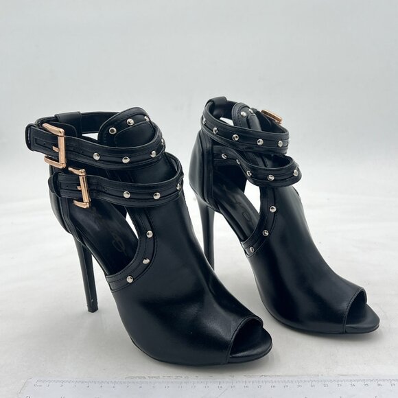 XYD Black Studs Peep Toe High Heels Buckled Double Straps Cutout Ankle Bootie - Picture 4 of 8